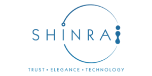 Official corporate logo for Shinrai featuring a blue orbital graphic and the slogan Trust Elegance Technology.