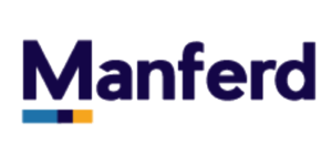 Corporate logo for Manferd featuring dark purple typography with a tri-color bottom bar