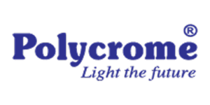 Official corporate logo for Polycrome featuring dark blue text and the italicized slogan Light the future below it.