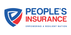 Official logo for People's Insurance featuring a blue and red shield icon with the text Empowering a Resilient Nation