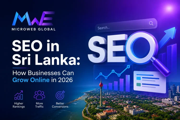 SEO in Sri Lanka: Microweb Global logo, city skyline, search bar, and growth chart.