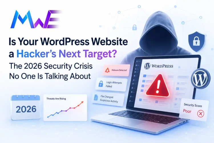 Hooded hacker on laptop showing WordPress security warning with malware alerts and cyber attack risk indicators in 2026