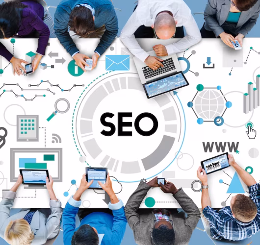 SEO strategy concept with team analyzing search engine optimization, digital marketing data, analytics, and website performance